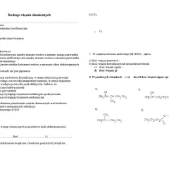Fragment arkusza z pytaniami dotyczącymi wiązań chemicznych, w tym wzorów strukturalnych i pytań testowych.