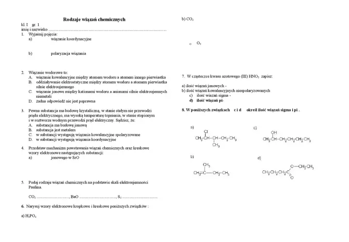 Fragment arkusza z pytaniami dotyczącymi wiązań chemicznych, w tym wzorów strukturalnych i pytań testowych.