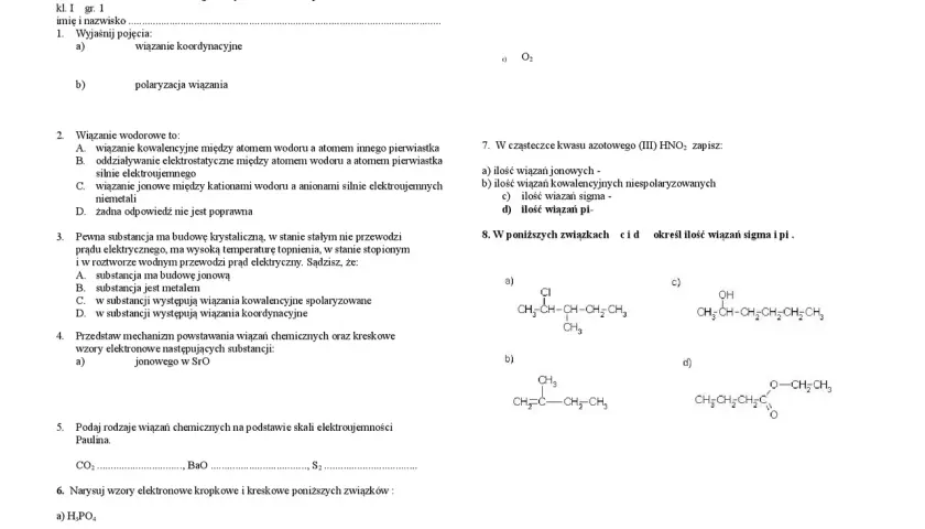 Fragment arkusza z pytaniami dotyczącymi wiązań chemicznych, w tym wzorów strukturalnych i pytań testowych.