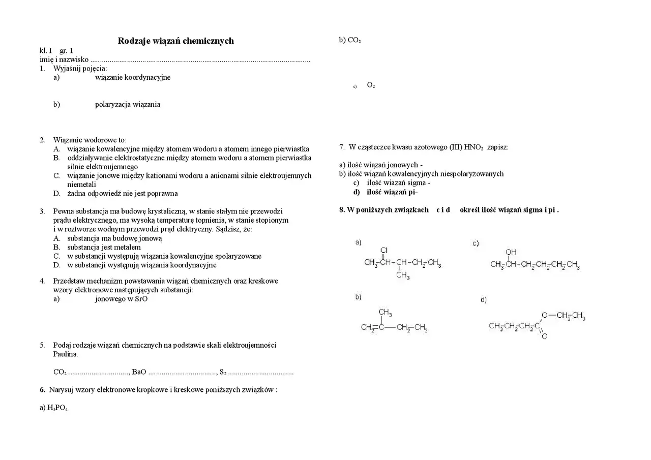 Fragment arkusza z pytaniami dotyczącymi wiązań chemicznych, w tym wzorów strukturalnych i pytań testowych.