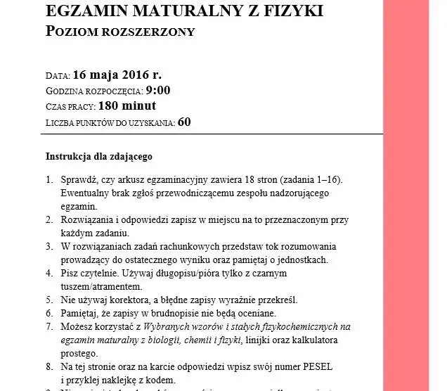 przykładowy arkusz maturalny fizyka CKE